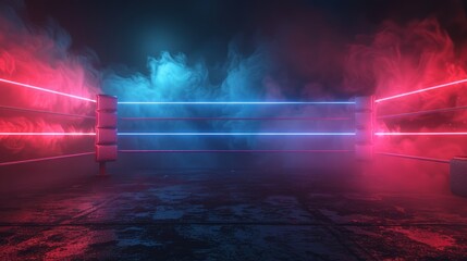 Illuminated boxing ring with dramatic red and blue lighting