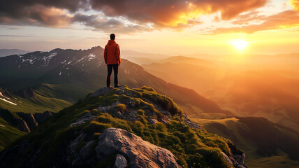 Person on mountain peak during sunset representing achievement, adventure, exploration and freedom.