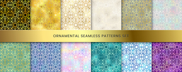 Abstract shiny oriental geometric seamless pattern set. Vector holographic, gold, green, blue, pink gradient ornament collection. Arabic style traditional texture for background, wallpapers, decor.