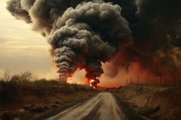 Smoke land road. Big burned area turning gray pile ash and darkness. Generate AI