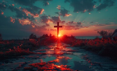Cross of Jesus Christ on sunset sky background. Christian religion concept. 