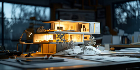 Architectural Model of Modern Apartment Building at Dusk  Focused on blueprint, translating concepts into precise architectural diagrams with expertise  