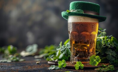 Fresh beer and green hat with lucky clover with copy space St Patrick's day card  - obrazy, fototapety, plakaty
