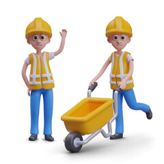 3D builders in cartoon style. Set of workers in different poses