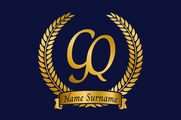 Initial letter G and Q, GQ monogram logo design with laurel wreath. Luxury golden calligraphy font.