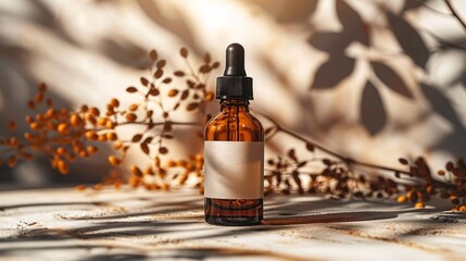 Obraz premium A single amber dropper bottle with a blank label is beautifully set against a backdrop of artistic shadow play and soft light on a neutral background