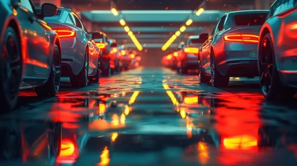 Fotobehang Golden hour at a car dealership with rows of parked vehicles © pixcel3d