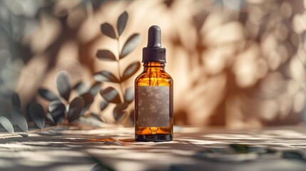 A single amber dropper bottle with a blank label is beautifully set against a backdrop of artistic shadow play and soft light on a neutral background - obrazy, fototapety, plakaty