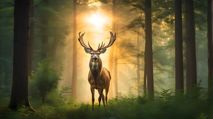 deer in the forest, A majestic deer stands tall in a lush, green forest, its antlers reaching towards the sky as the sun sets behind it.