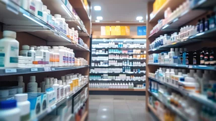 Fotobehang pharmacy background, shelf full of medical products © Denis