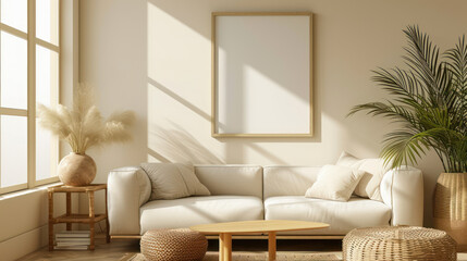 Sunlight floods a chic living room, highlighting the elegant simplicity of a neutral palette and the vibrant touch of indoor plants, Interior design photo frame mock-up of living room