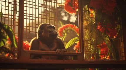 a gorilla sitting in a cage - Powered by Adobe