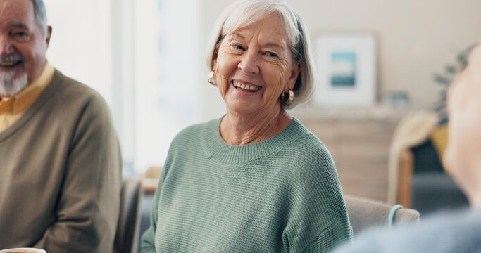 Home, happy friends and senior woman relax, conversation and bonding in lounge. Elderly, pensioner and group of people smile in living room for chat, funny and laughing together in retirement house