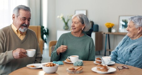 Coffee, conversation and senior friends in living room of nursing home with letter or invitation. Smile, discussion and group of elderly people in retirement drinking cappuccino in lounge at house.