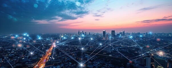 Abstract telecommunication technology network located in the city, 5G internet network.