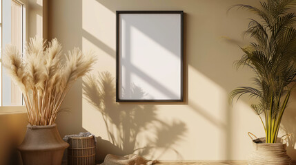 Interior design photo frame mock-up of living room, Sunlight floods a chic living room, highlighting the elegant simplicity of a neutral palette and the vibrant touch of indoor plants
