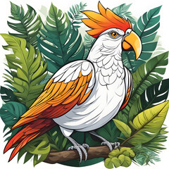 Cute bird illustration in jungle, green plant covered jungle background 