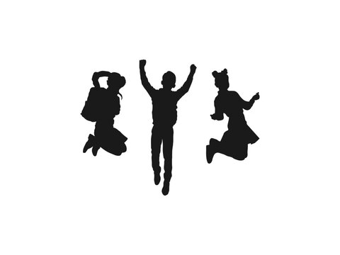 School children jumping silhouettes. Happy kids playing. boy and girl silhouette kids or children jumping. silhouette of schoolgirl running jumping. vector icon symbol isolated on white background.