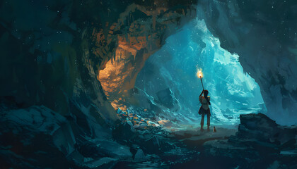 Obraz premium A digital illustration of a female adventurer exploring a mysterious cave holding a torch aloft as Generative AI