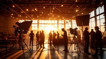 Warm light on film set. Indoor space with crew members discussing upcoming scene, working with filming equipment.