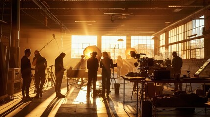 Warm light on film set. Indoor space with crew members discussing upcoming scene, working with filming equipment.