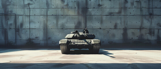 A solitary armored tank stands ready in a vast sunlit military hangar. - obrazy, fototapety, plakaty