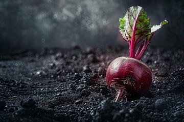 a beet with a leaf growing out of the ground - obrazy, fototapety, plakaty