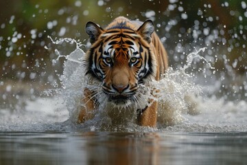 Fototapeta na wymiar Siberian tiger, Panthera tigris altaica, low angle photo direct face view, running in the water directly at camera with water splashing around. Attacking predator in action. Tiger in taiga environment