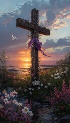 Obraz premium an Easter cross with a purple flag draped symmetrically over it, with white lilies in front of the cross, a dove in flight and a serene sunrise in the background