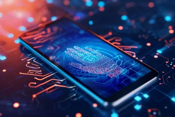 Fotobehang smartphone digital identity and cybersecurity of personal banking or investment safety online concept, wide banner of mobile phone using biometric digital finger print and Two-factor authentication © Amer