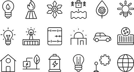Energy saving and efficiency editable stroke outline icons set isolated on white background flat vector 
