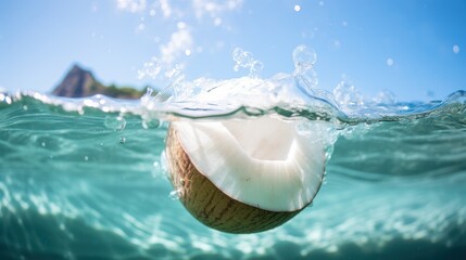 Obraz na płótnie Canvas Split view of a submerged coconut against a backdrop of tropical scenery