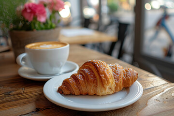 Indulge in the perfect morning treat a golden, flaky croissant alongside a warm, creamy cup of coffee