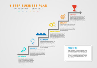 Infographic template 6 steps to business planning for success gray steps line in the middle There are multi-colored icons at the top. Below is a text message. gray gradient background