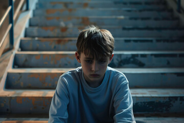 Depressed boy sitting alone at stairs, Bullying concept - obrazy, fototapety, plakaty