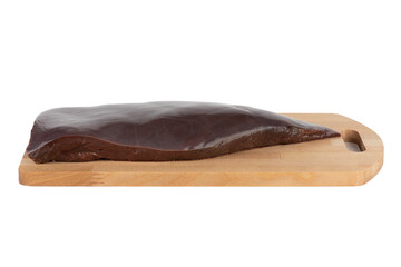 Uncut piece of beef liver on cutting board over white background.