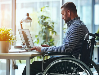 A person with a motor disability working in an inclusive workplace - obrazy, fototapety, plakaty