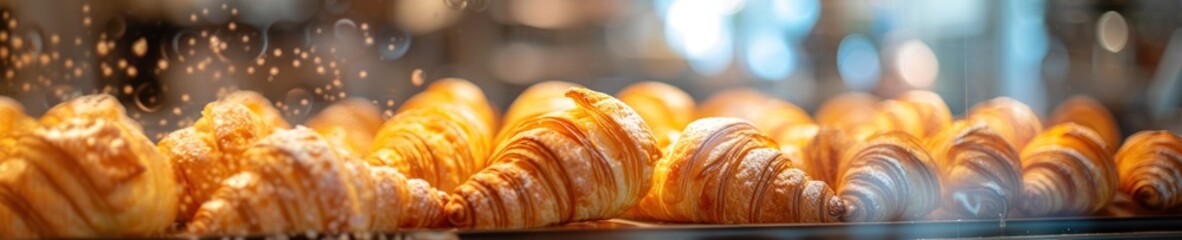 Golden croissants fresh from the oven, dusted with powdered sugar, glistening under the bakery's warm light, evoke the charm of a Parisian morning - obrazy, fototapety, plakaty