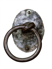 Door handle in the form of a homemade iron ring isolated on a wh