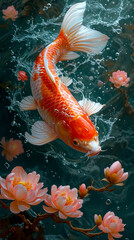 Majestic Koi Fish Soaring Through Bubbling Waters, created with Generative AI technology