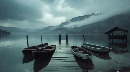 Zelfklevend Fotobehang rainy morning on a lake in the Alps, boats standing at a lonely pier © Denis