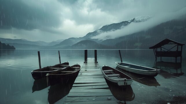 rainy morning on a lake in the Alps, boats standing at a lonely pier
