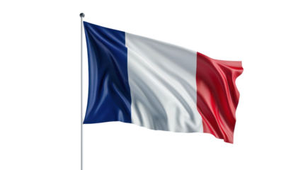 Waving French flag on a flagpole, isolated or white background