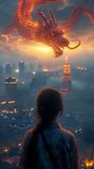 Mystical Encounter: Girl Gazing at a Soaring Ethereal Dragon, created with Generative AI technology