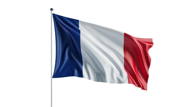 Waving French flag on a flagpole, isolated or white background
