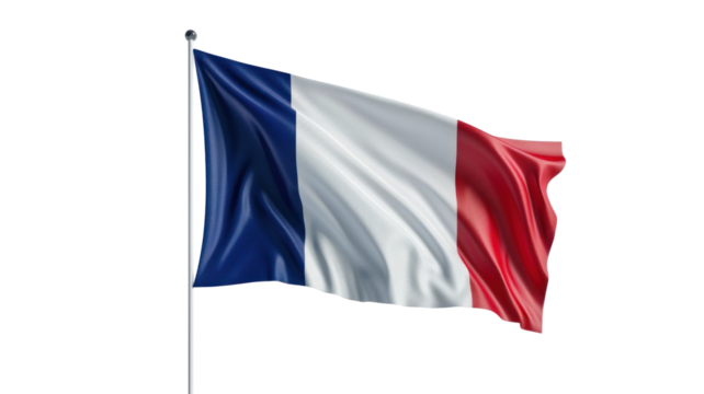 Waving French flag on a flagpole, isolated or white background