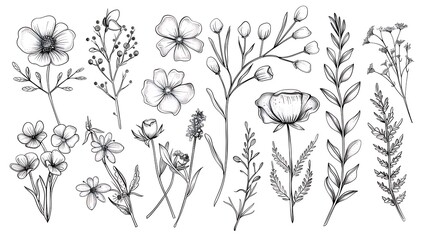 Set of hand drawn botanical flowers, branches and leaves. Trendy sketch elements of wild and garden plants in line art style. illustration on white background. Generative Ai - obrazy, fototapety, plakaty