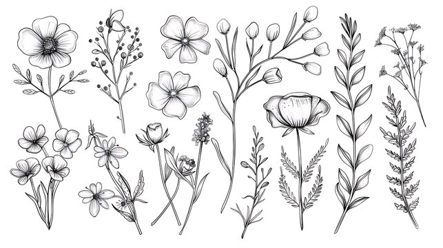 Set of hand drawn botanical flowers, branches and leaves. Trendy sketch elements of wild and garden plants in line art style. illustration on white background. Generative Ai