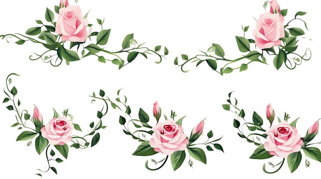 Set of small floral corner arrangements with pink rose flowers and green leaves isolated on white background. Generative Ai