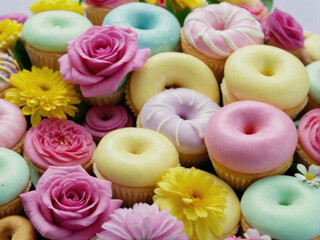 A donuts and pink and yellow roses